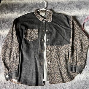 Leopard Print Denim Button-Up Shirt